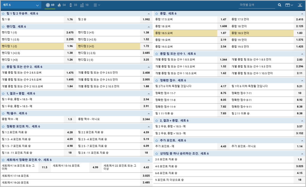 탁구 세트 베팅 옵션